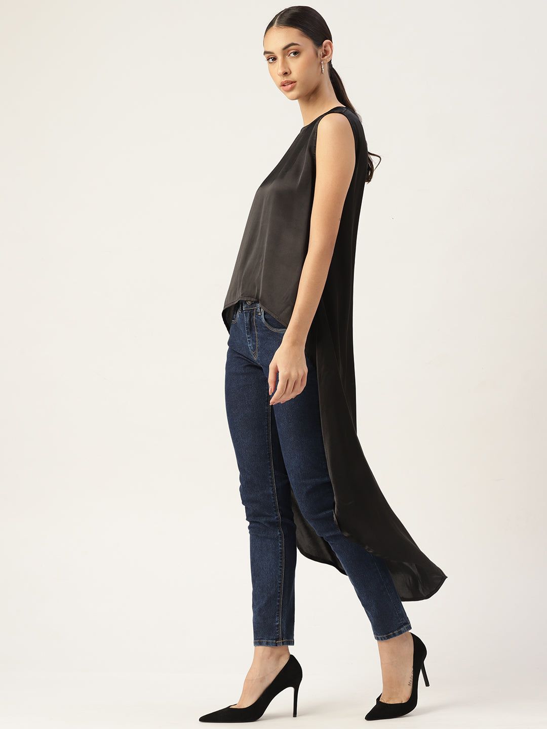 Black Satin Crepe High-LowBlouson Top