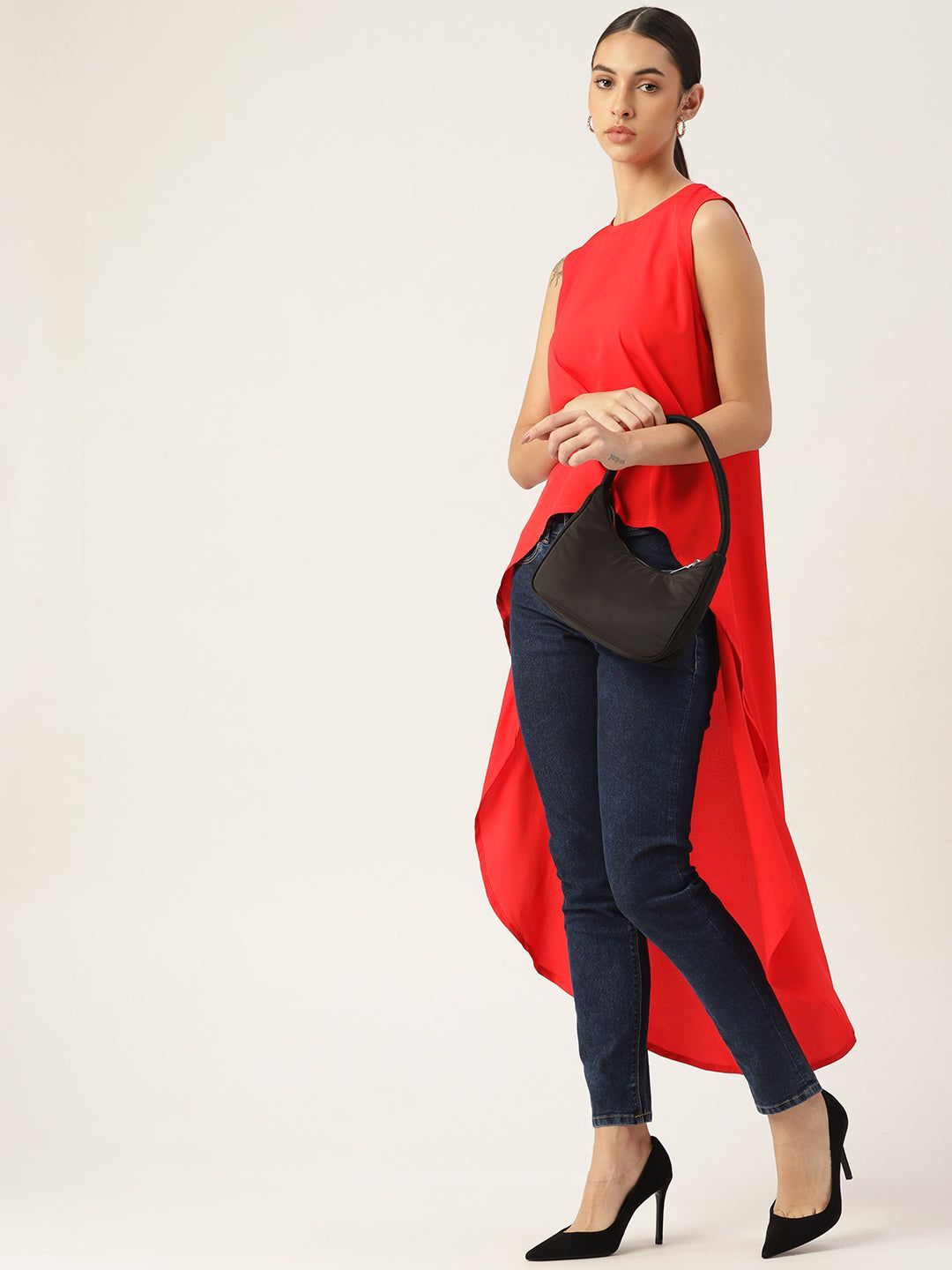 Red Crepe Blouson High-Low Longline Top
