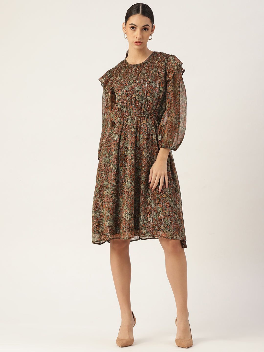 Multicoloured Floral Georgette A-Line Midi Dress