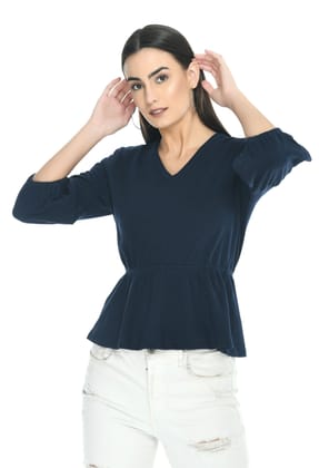 Navy Blue Solid Cinched Waist Top