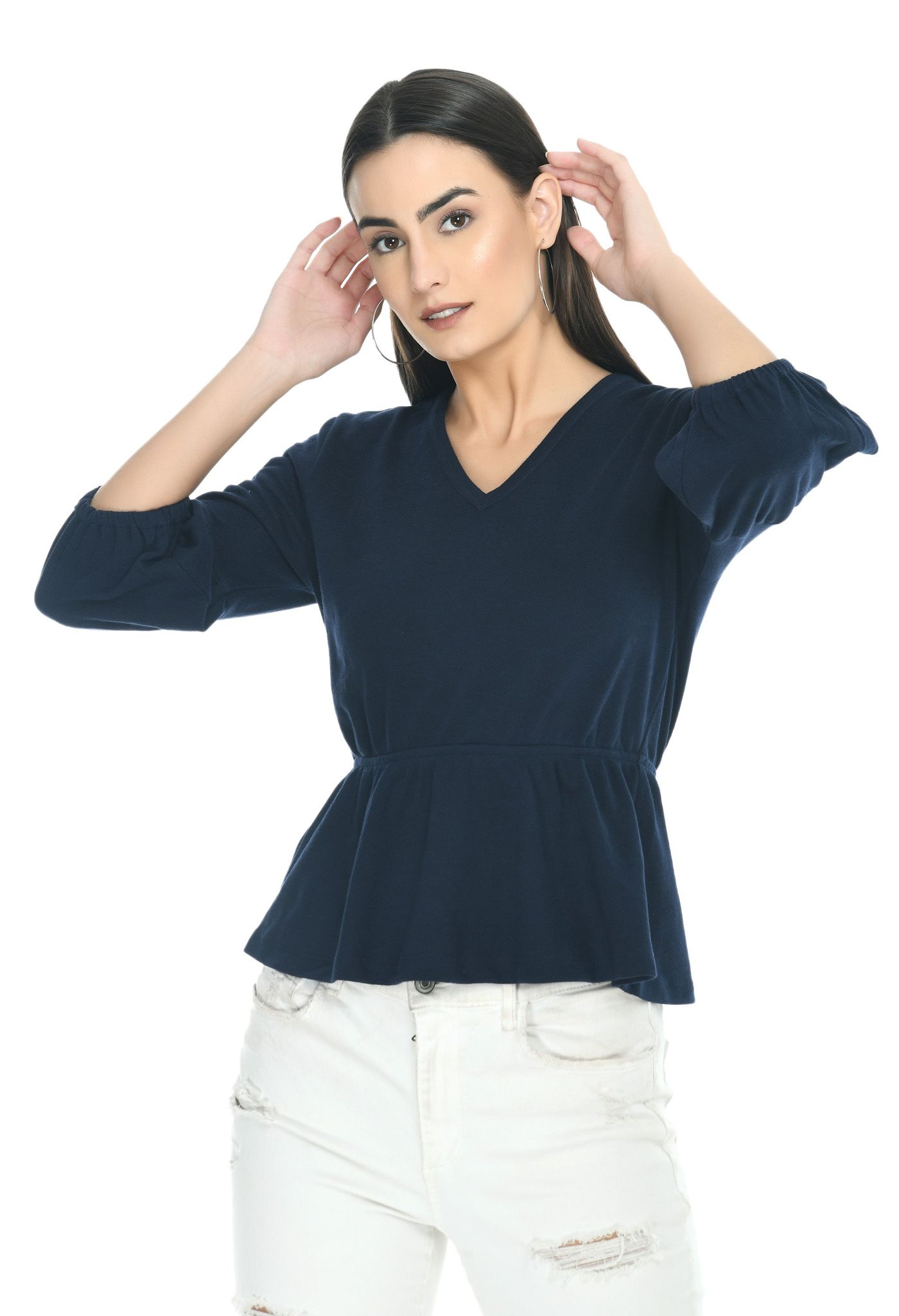Navy Blue Solid Cinched Waist Top