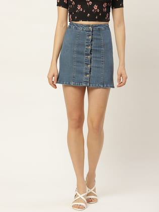 Women Blue Solid A-Line Denim Skirt