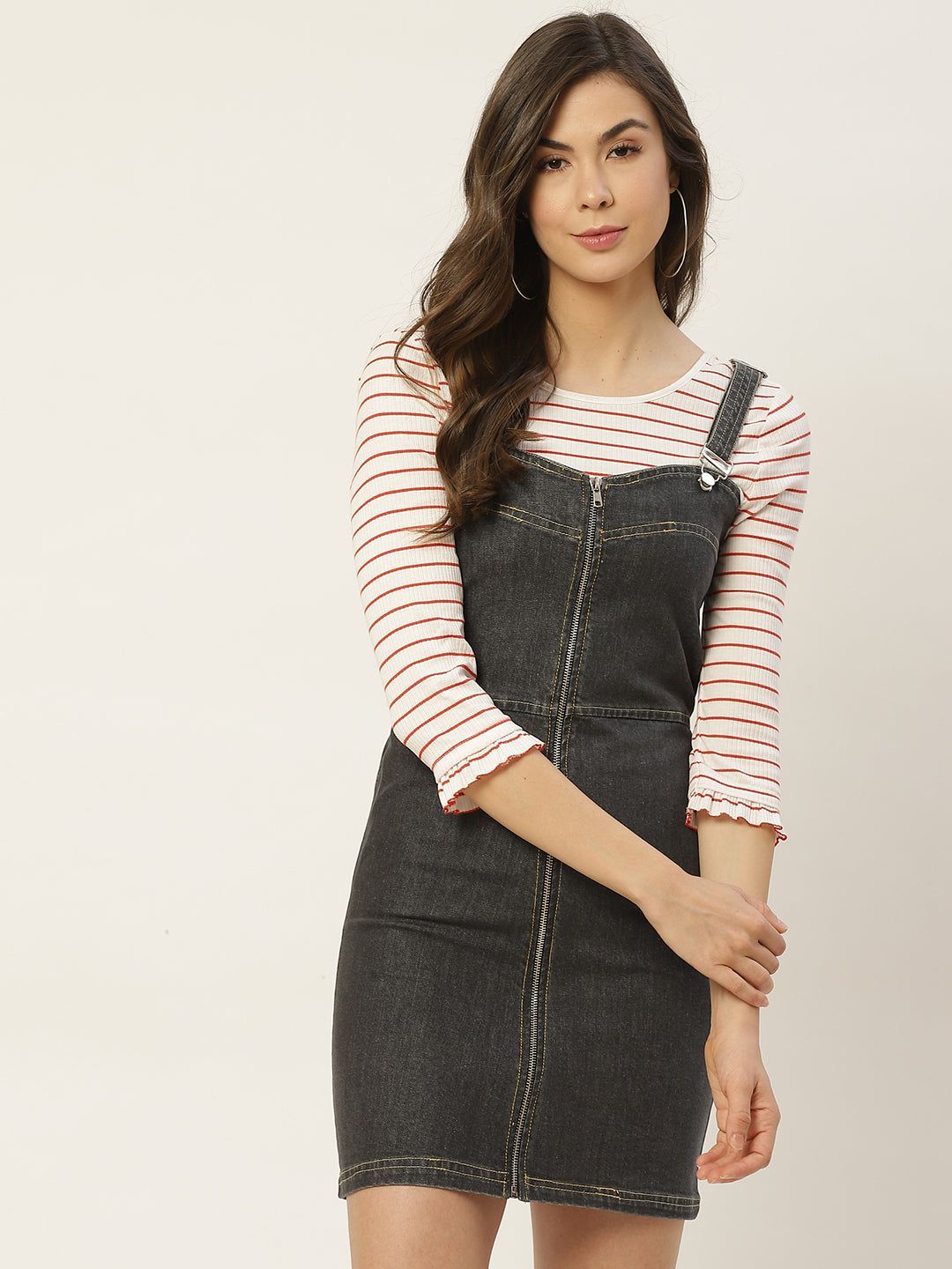 Women Charcoal Grey Solid Pinafore Dress