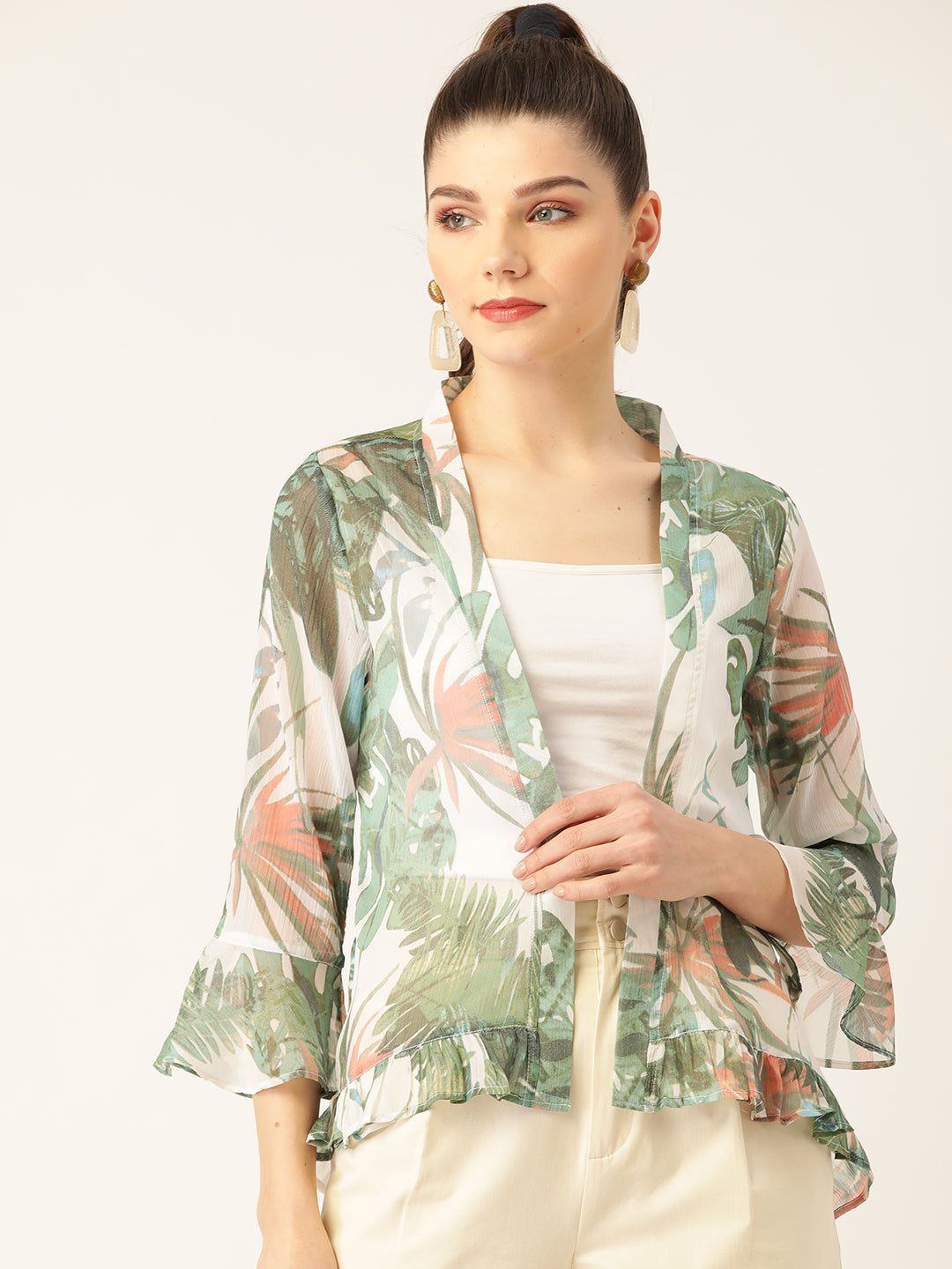 Women Green & White Tropical Print Open Front Shrug
