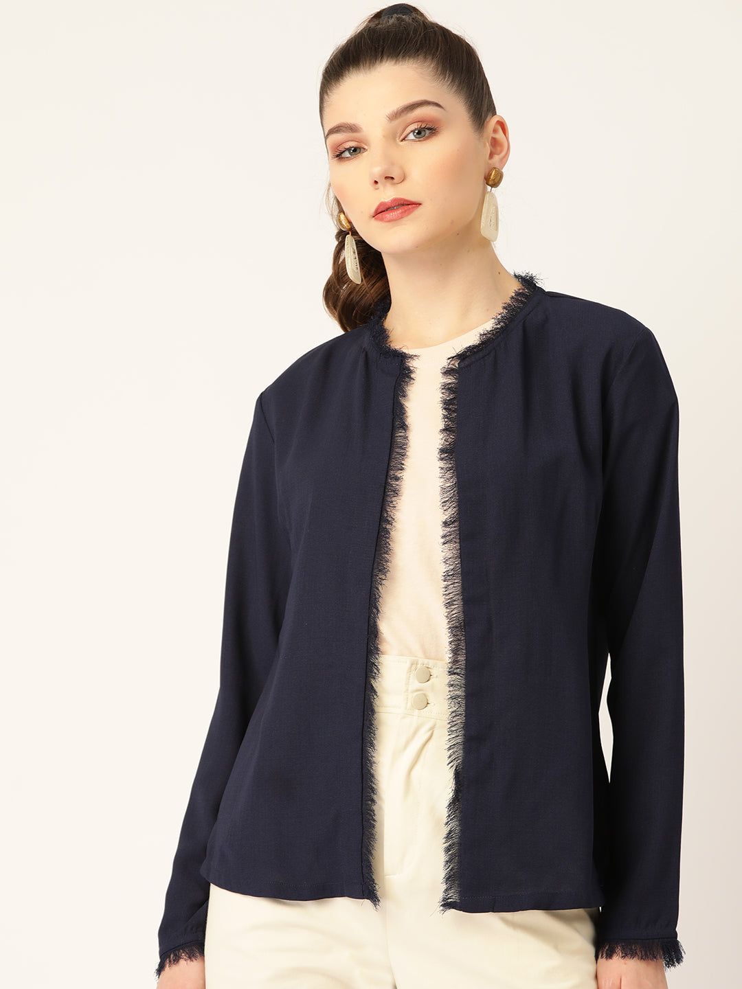 Women Navy Blue Solid Open Front Shrug