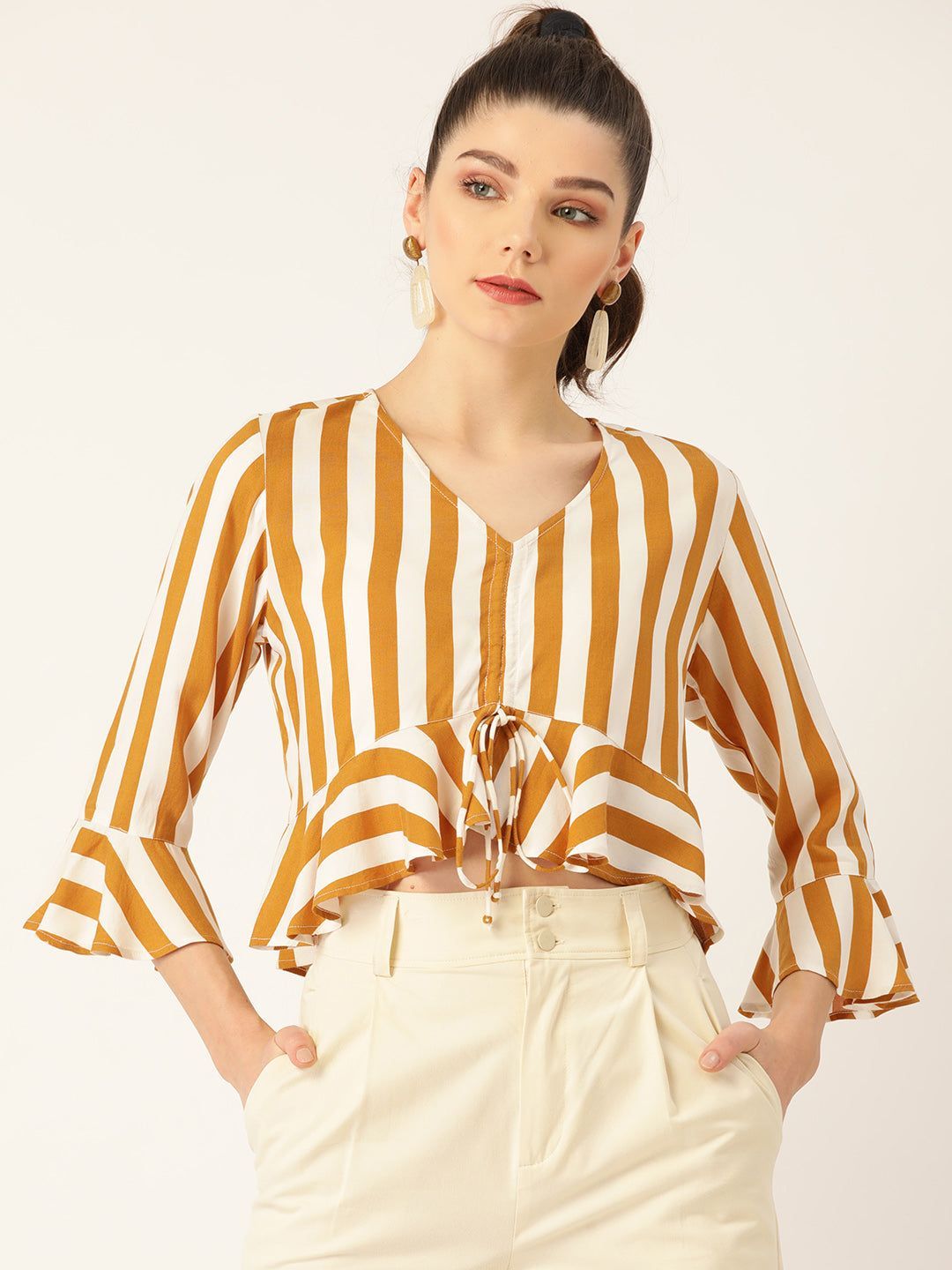 Women White & Mustard Yellow Striped Bell Sleeves Crop Top