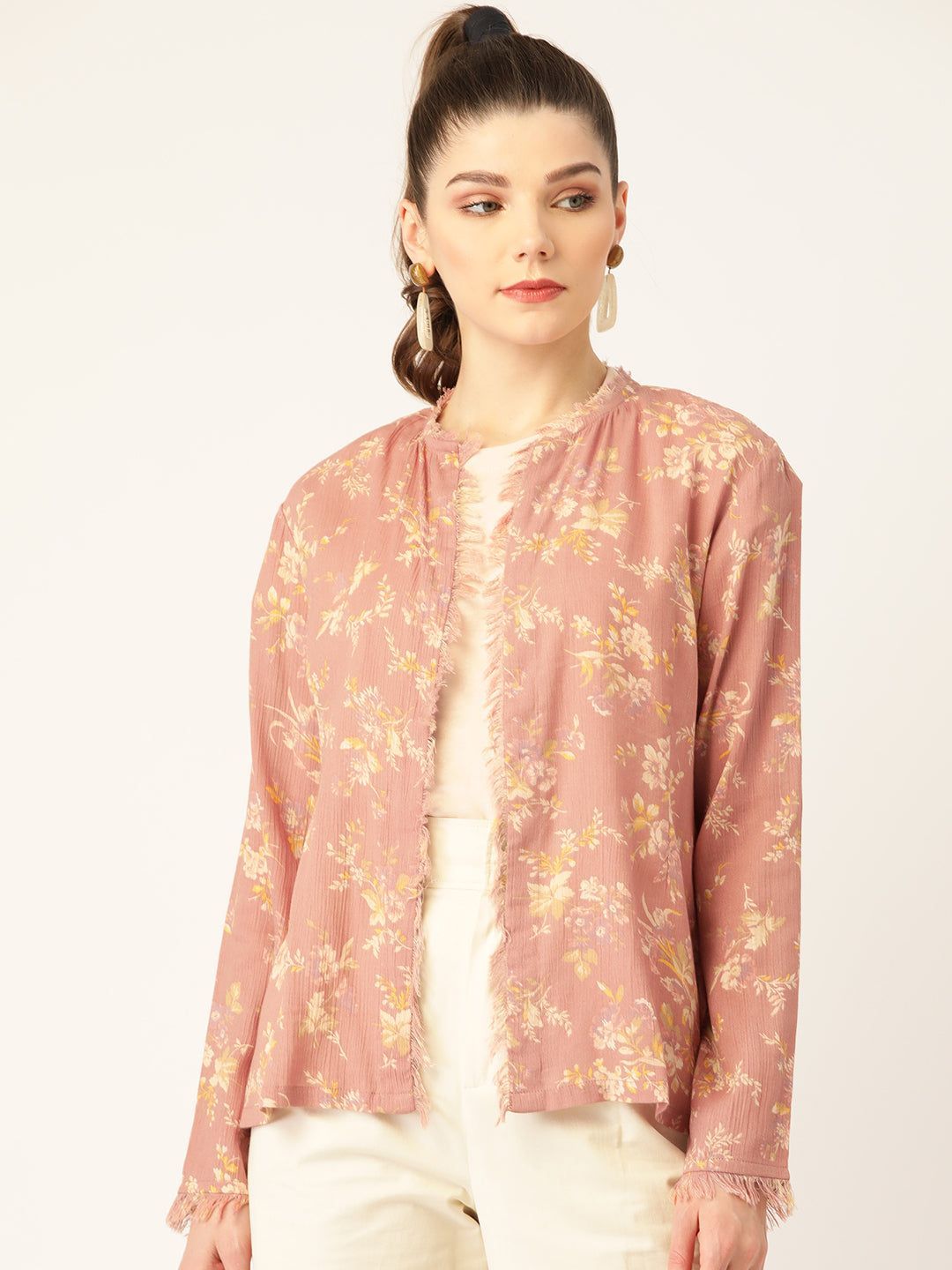 Women Peach & Cream-Coloured Pure Cotton Floral Print Open Front Shrug