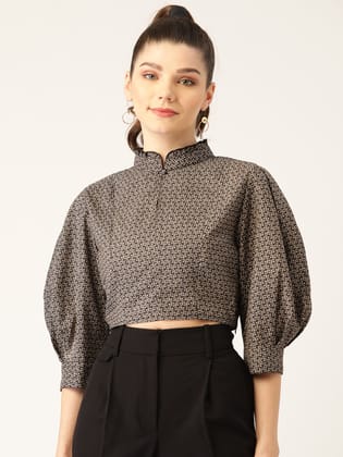 Women Black & Beige Printed Keyhole Neck Crop Top