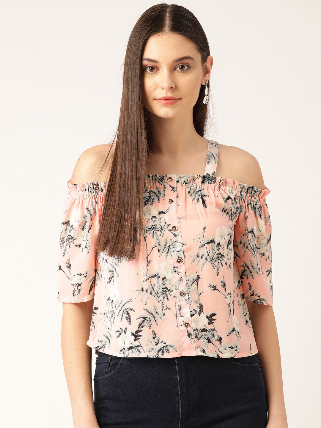 Women Pink & Mint Green Printed Bardot Top