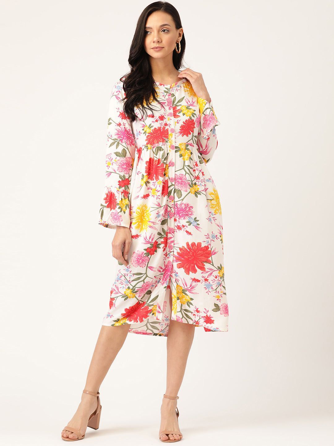 Women White & Red Tropical Print A-Line Dress
