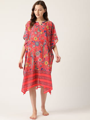 Women Coral Red & Blue Printed Cover-Up Kaftan Dress