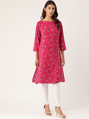 Women Pink & White Floral Print Straight Kurta