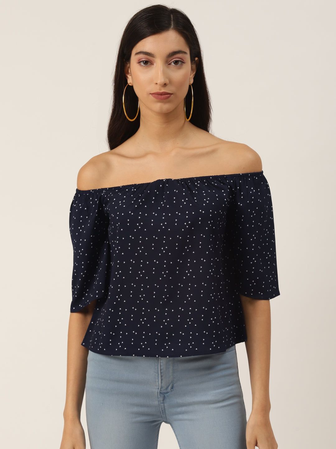 Navy Blue & White Geometric Print Off-Shoulder Bardot Top
