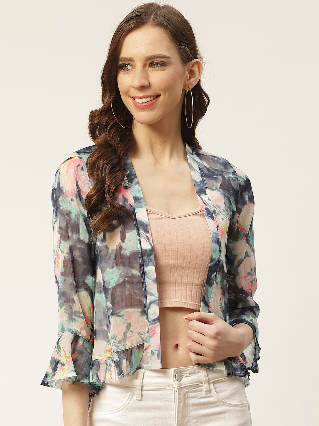 Women Navy Blue & Green Floral Print Open Front Shrug