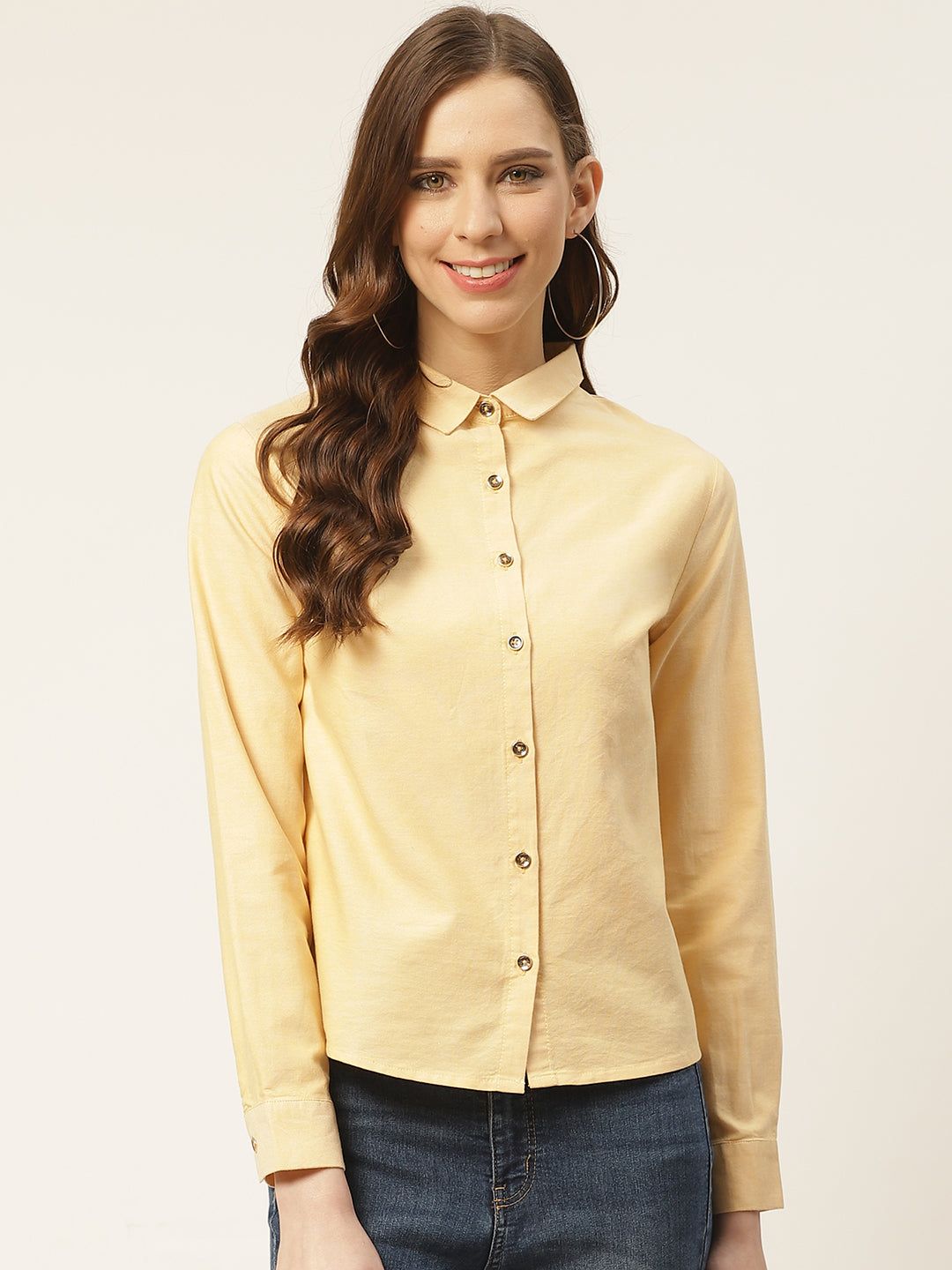 Women Yellow Solid Pure Cotton Shirt