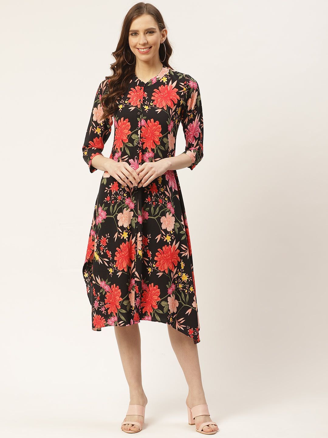 Women Black & Orange Floral Print A-Line Dress