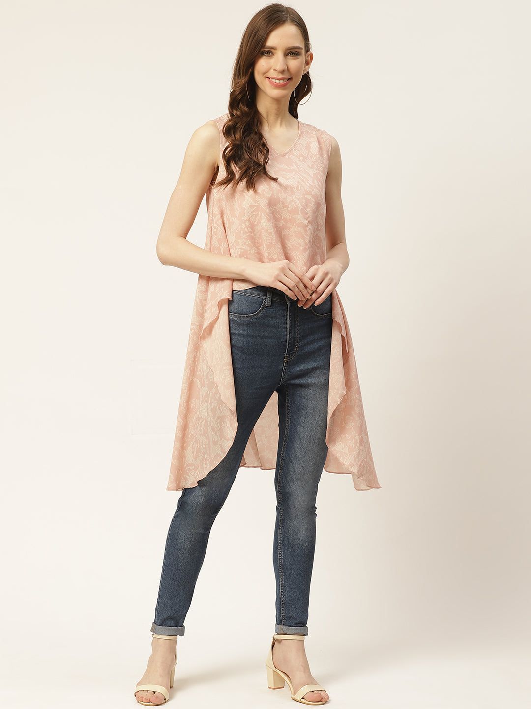 Women Pink & White Geometric Print High-Low Top