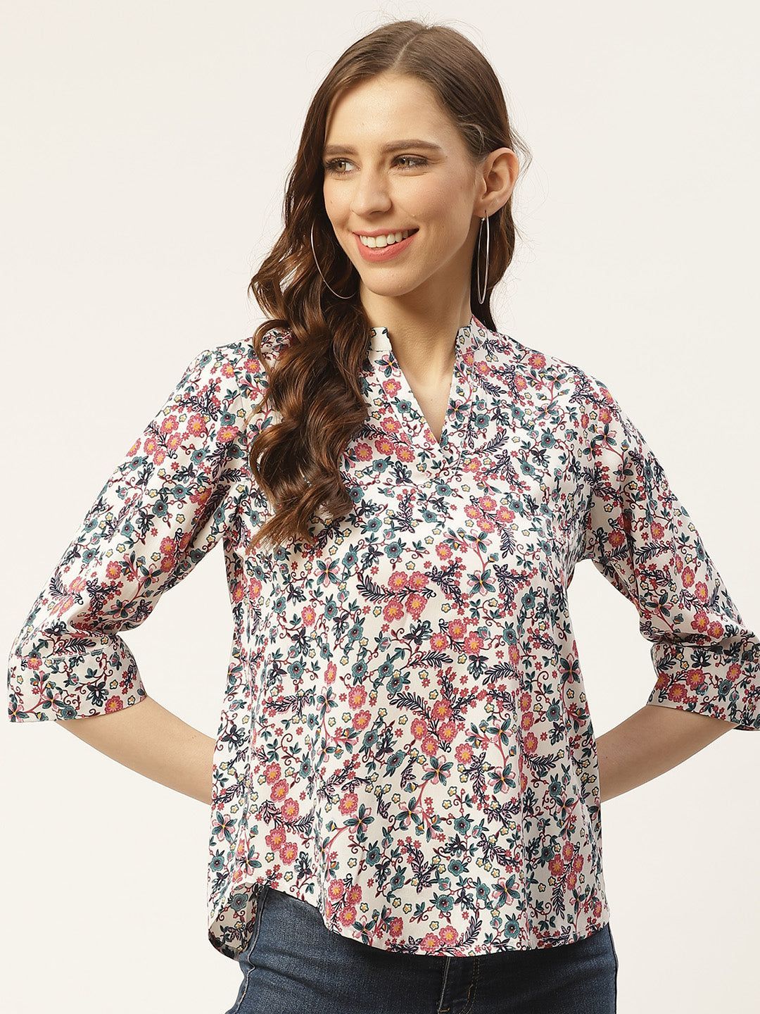 Women White & Green Ethnic Motifs Print Top