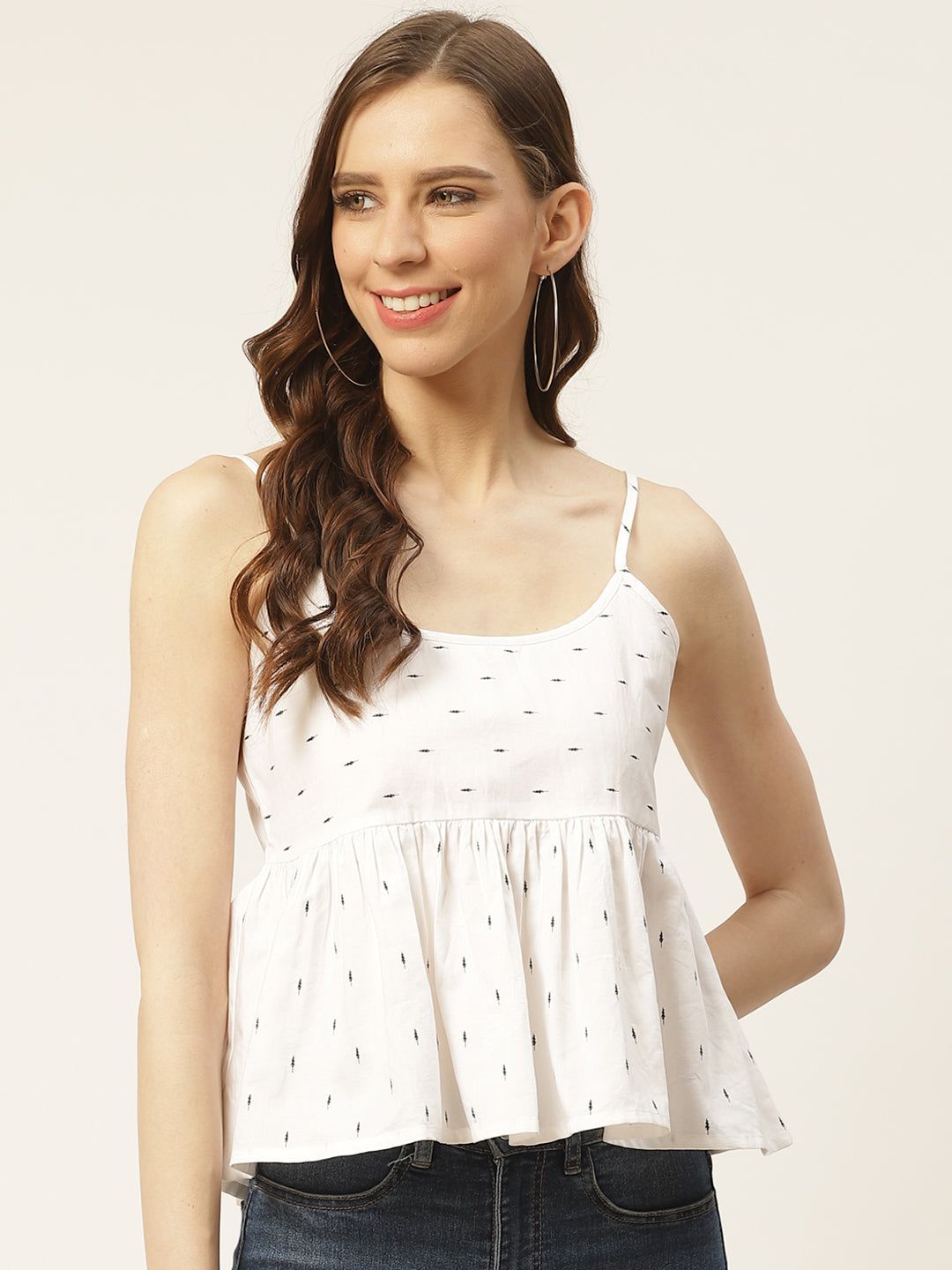 Women White & Black Geometric Print Pure Cotton Cinched Waist Top