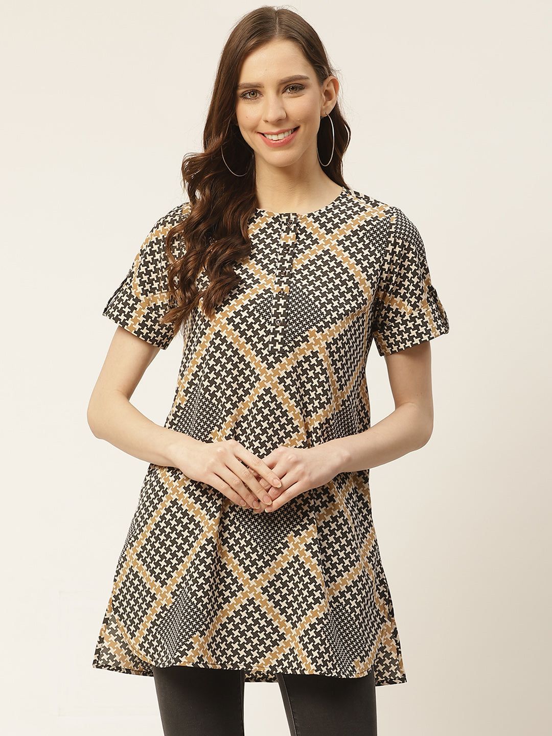 Women White & Black Houndstoot Print Longline A-Line Top