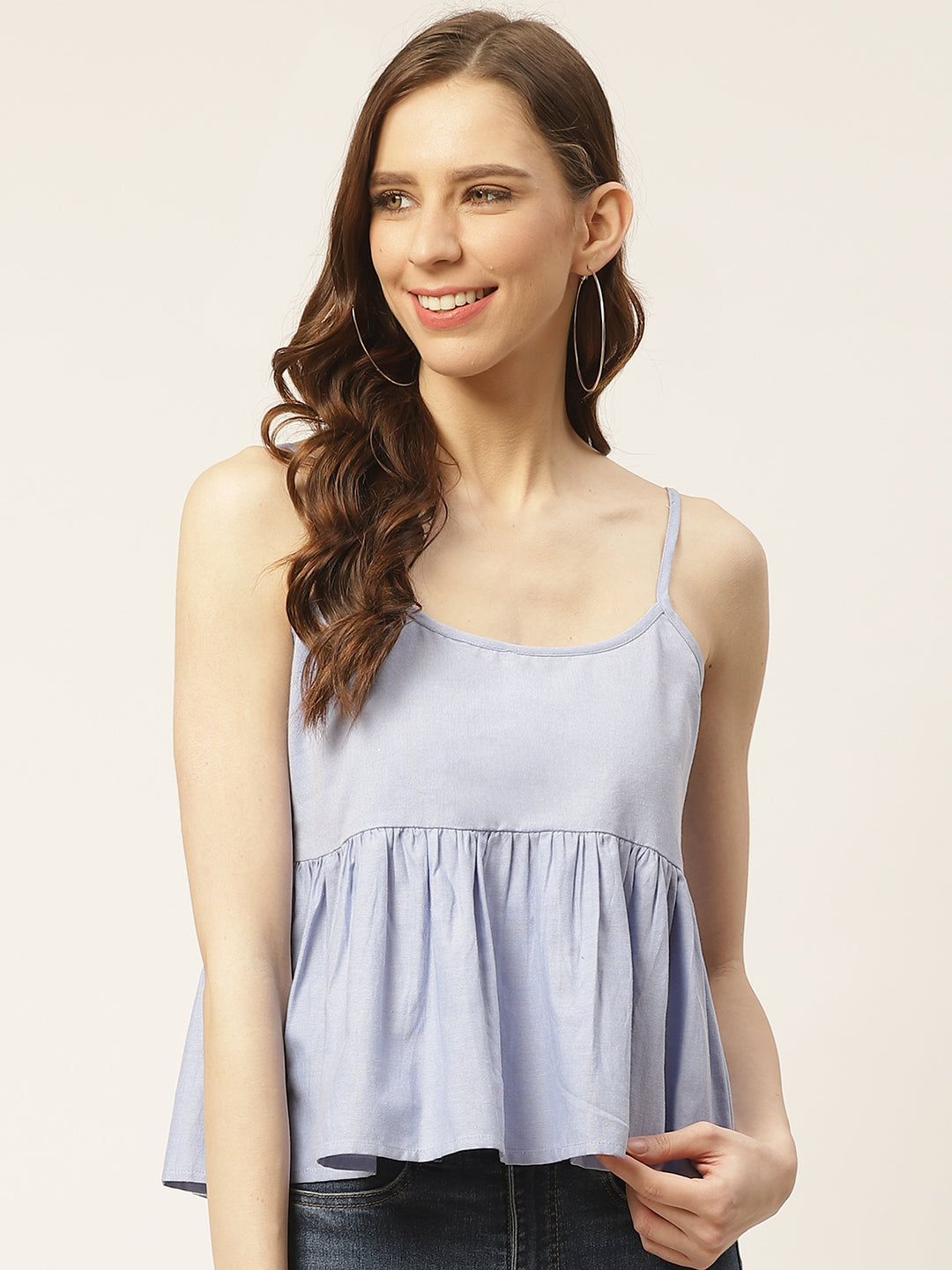 Women Blue Solid Cinched Waist Pure Cotton Top