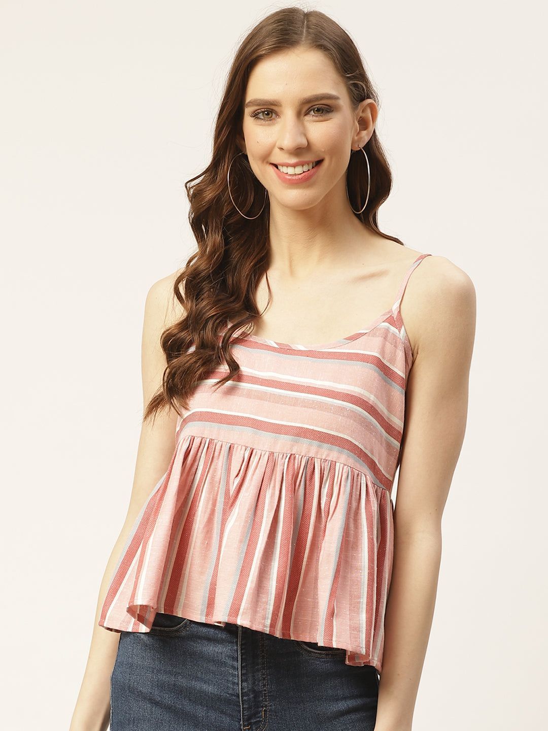 Women Pink & White Pure Cotton Striped A-Line Top