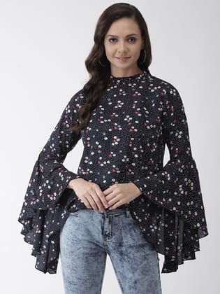 Rue Collection Women Navy Blue & White Floral Print Top