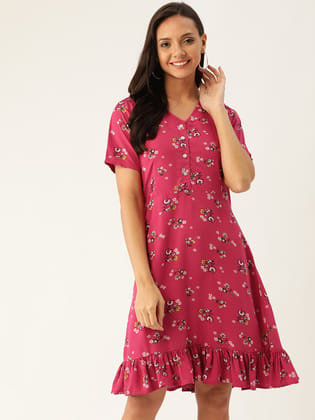 Rue Collection Women Pink & White Floral Printed A-Line Dress