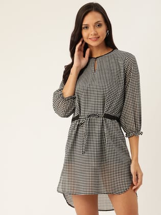Rue Collection Women White & Black Checked A-Line Dress