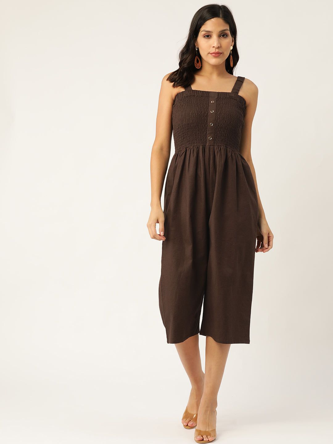 Rue Collection Women Brown Solid Smocked Culottes Jumpsuit