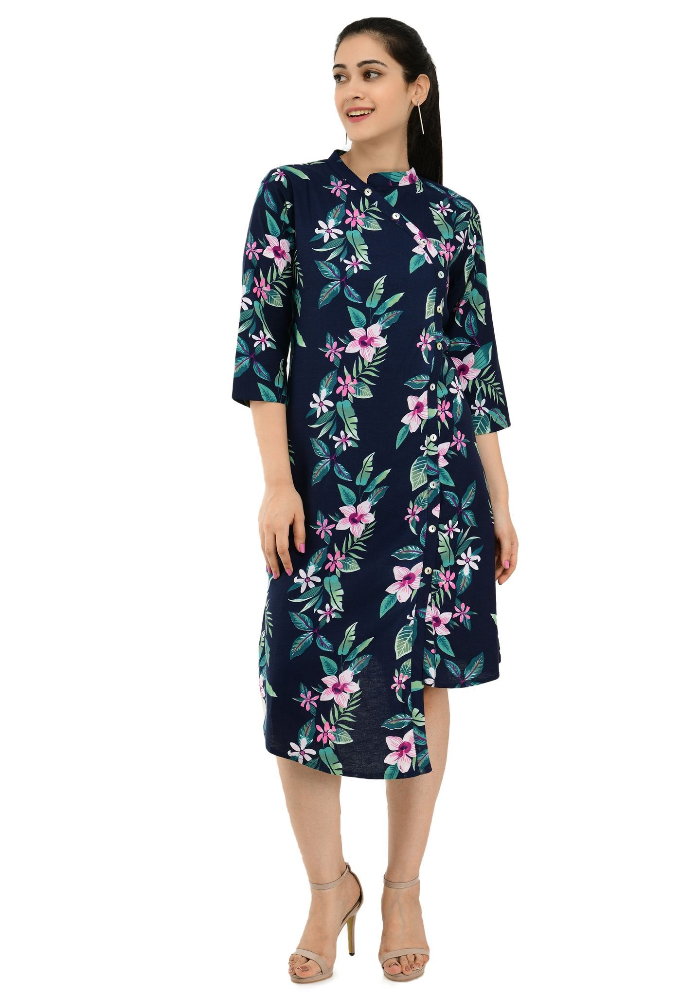 Women Navy Blue Printed Wrap Dress