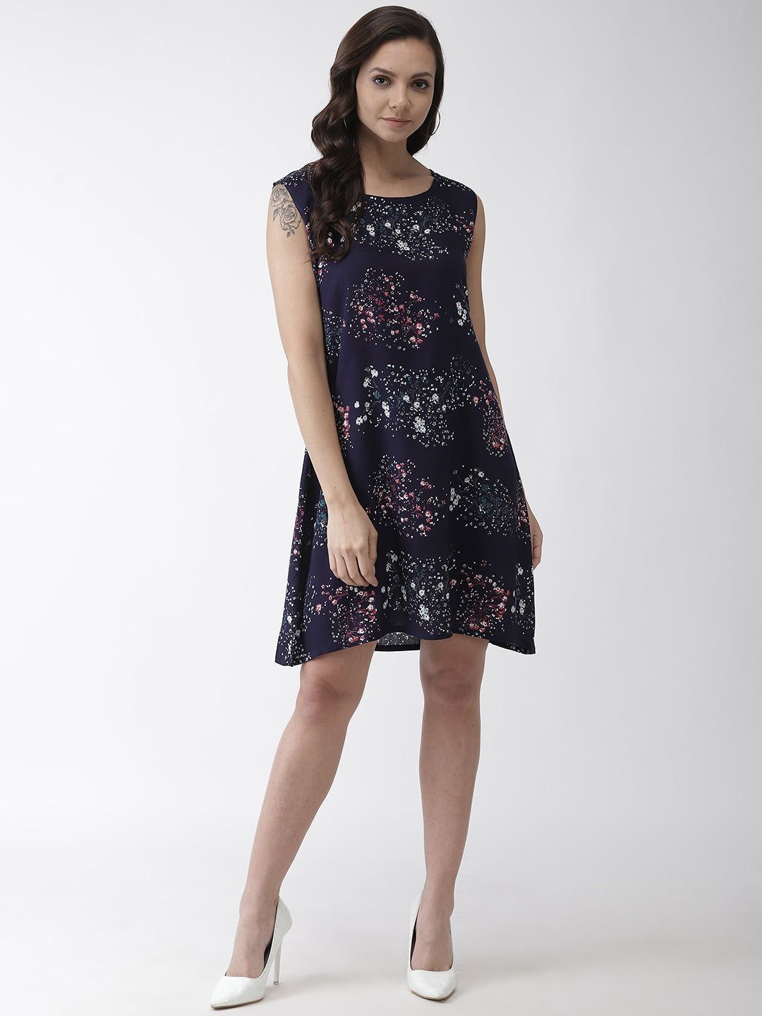 Women Navy Blue & White Floral Printed A-Line Dress