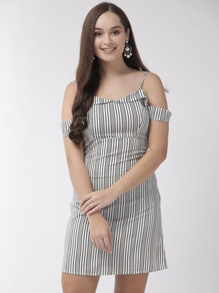 Women White & Black Striped A-Line Dress