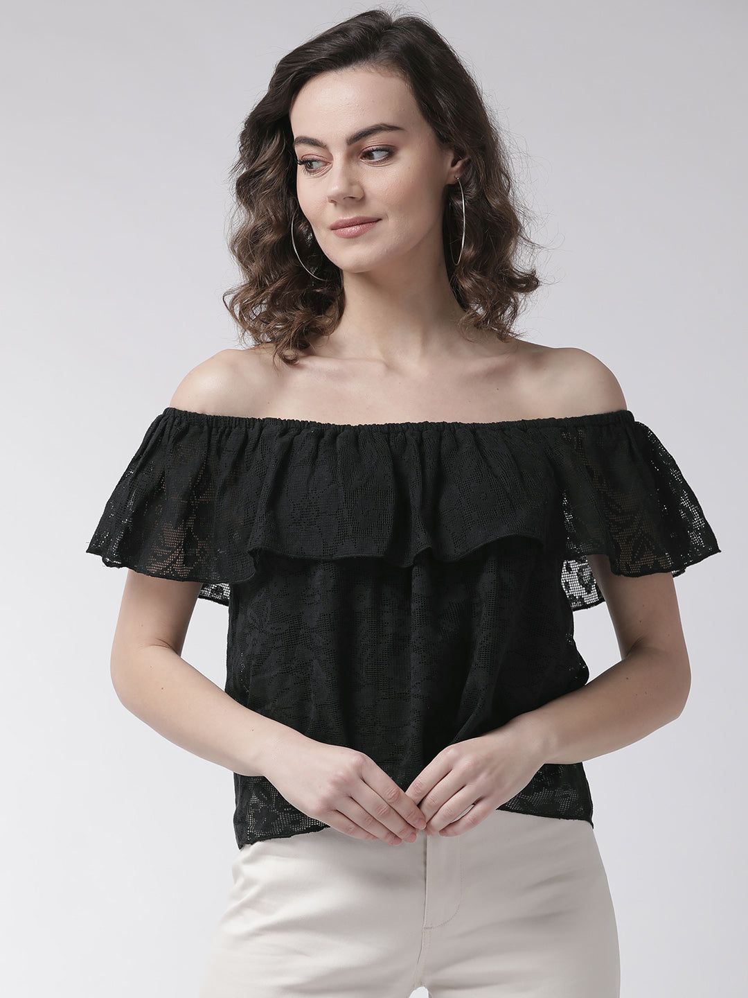 Women Black Self Design Bardot Top