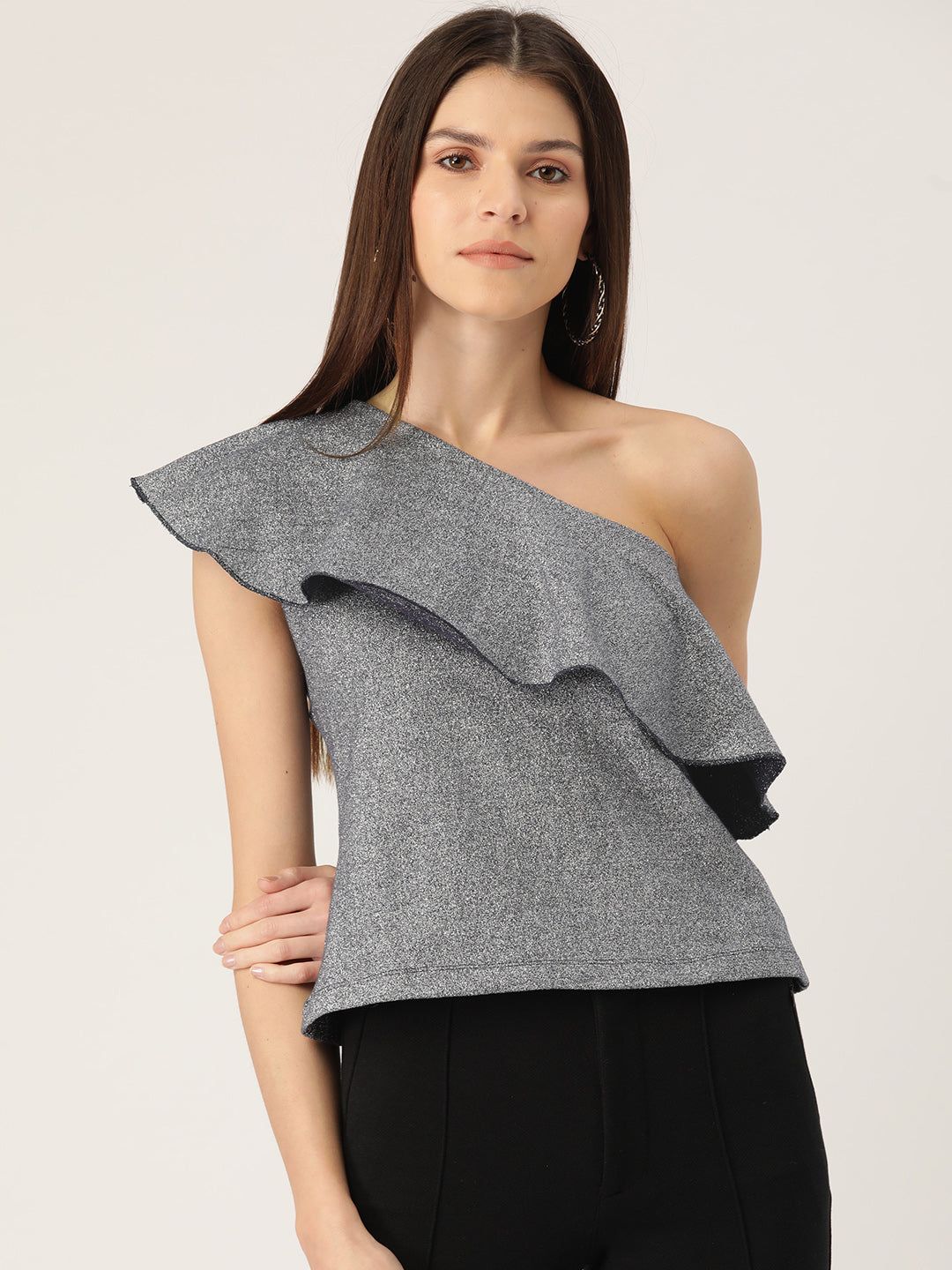Women Silver Self-Design One-Shoulder Top