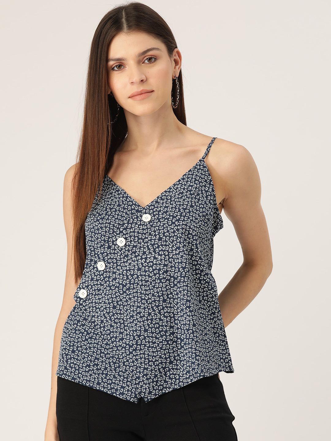 Women Navy Blue & White Printed Wrap Top