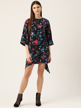 Women Black & Pink Printed Asymmetric A-Line Dress