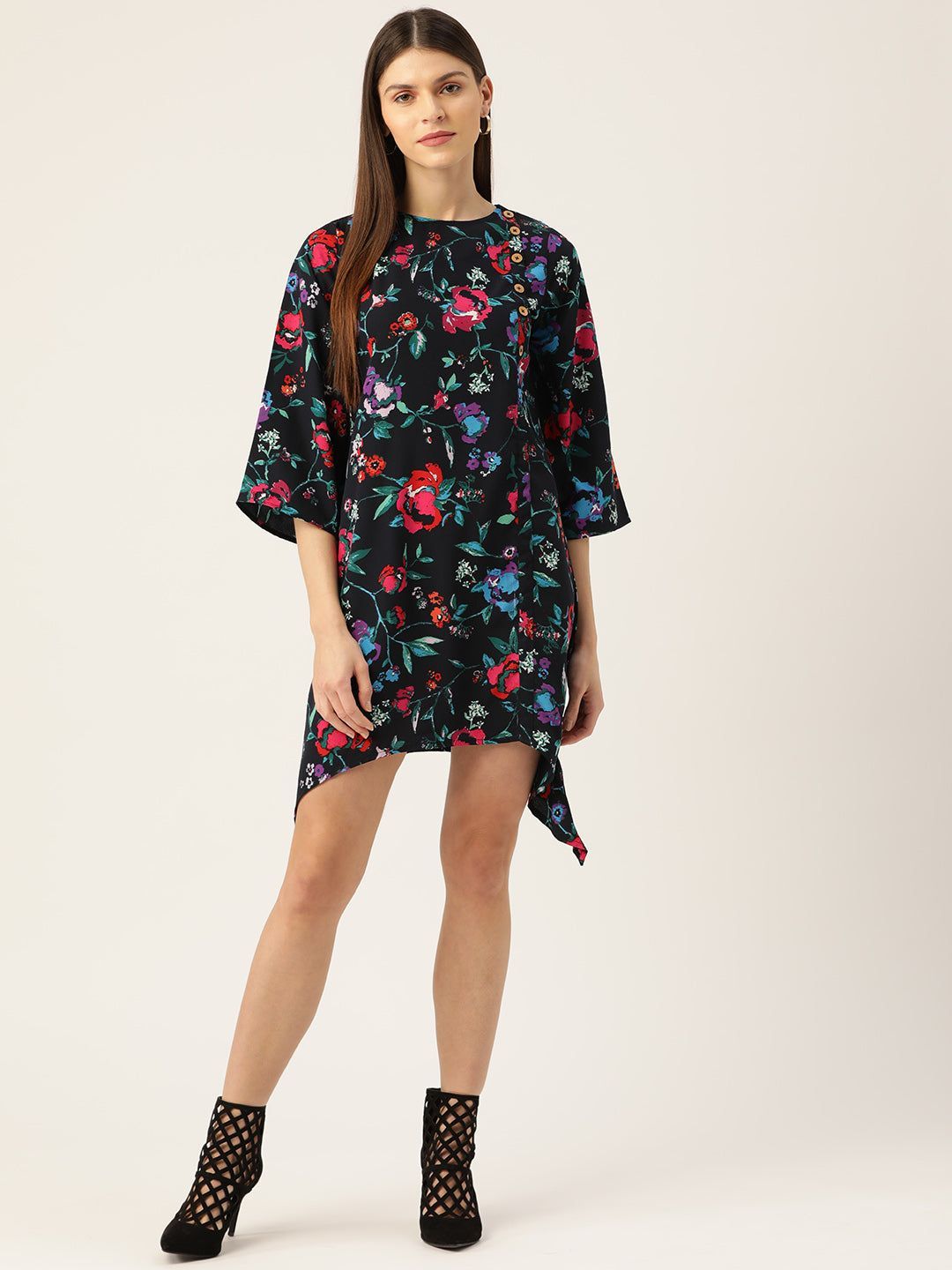 Women Black & Pink Printed Asymmetric A-Line Dress