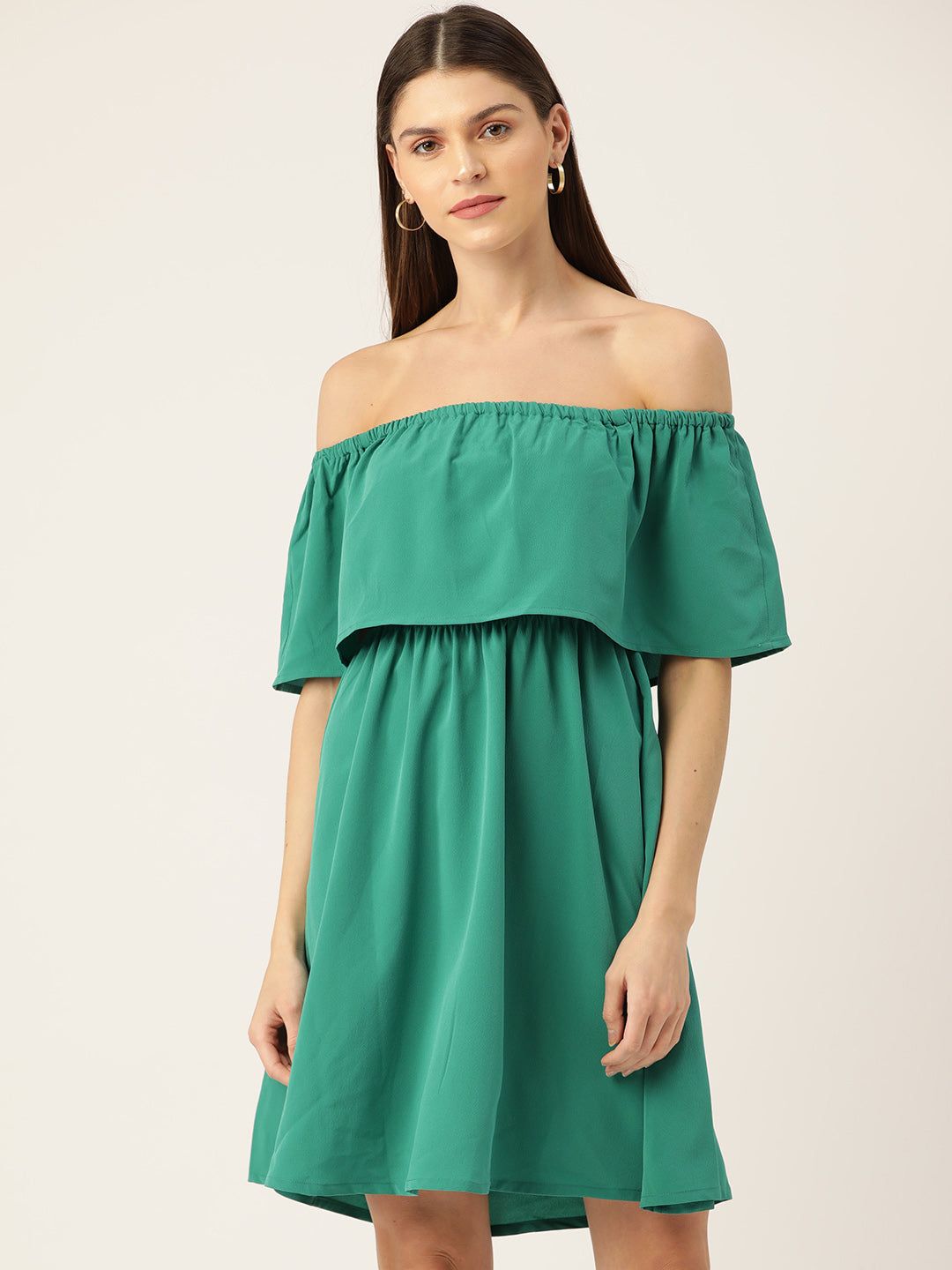 Women Green Solid Off-Shoulder Layered Fit & Flare Dress