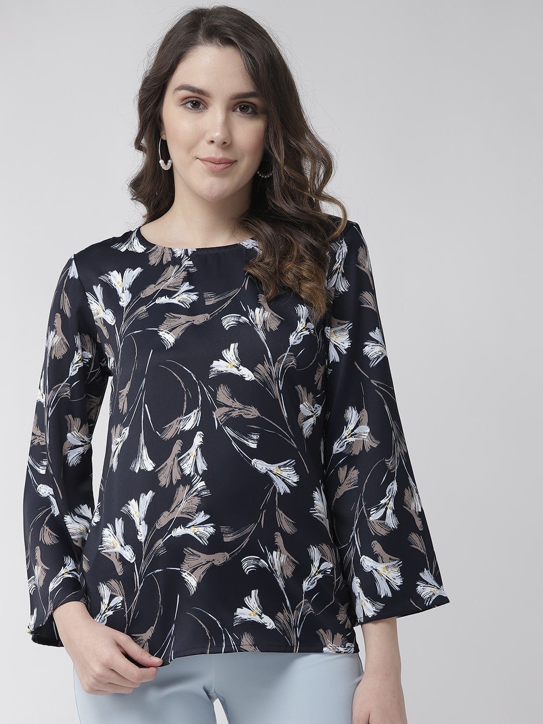 Women Navy Blue & Grey Floral Print Top