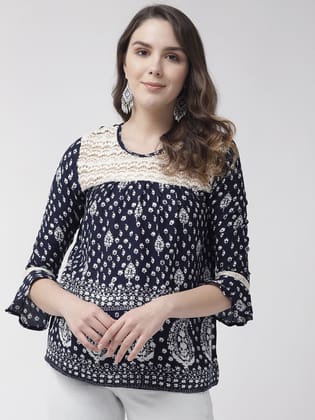 Women Navy Blue & White Printed Top