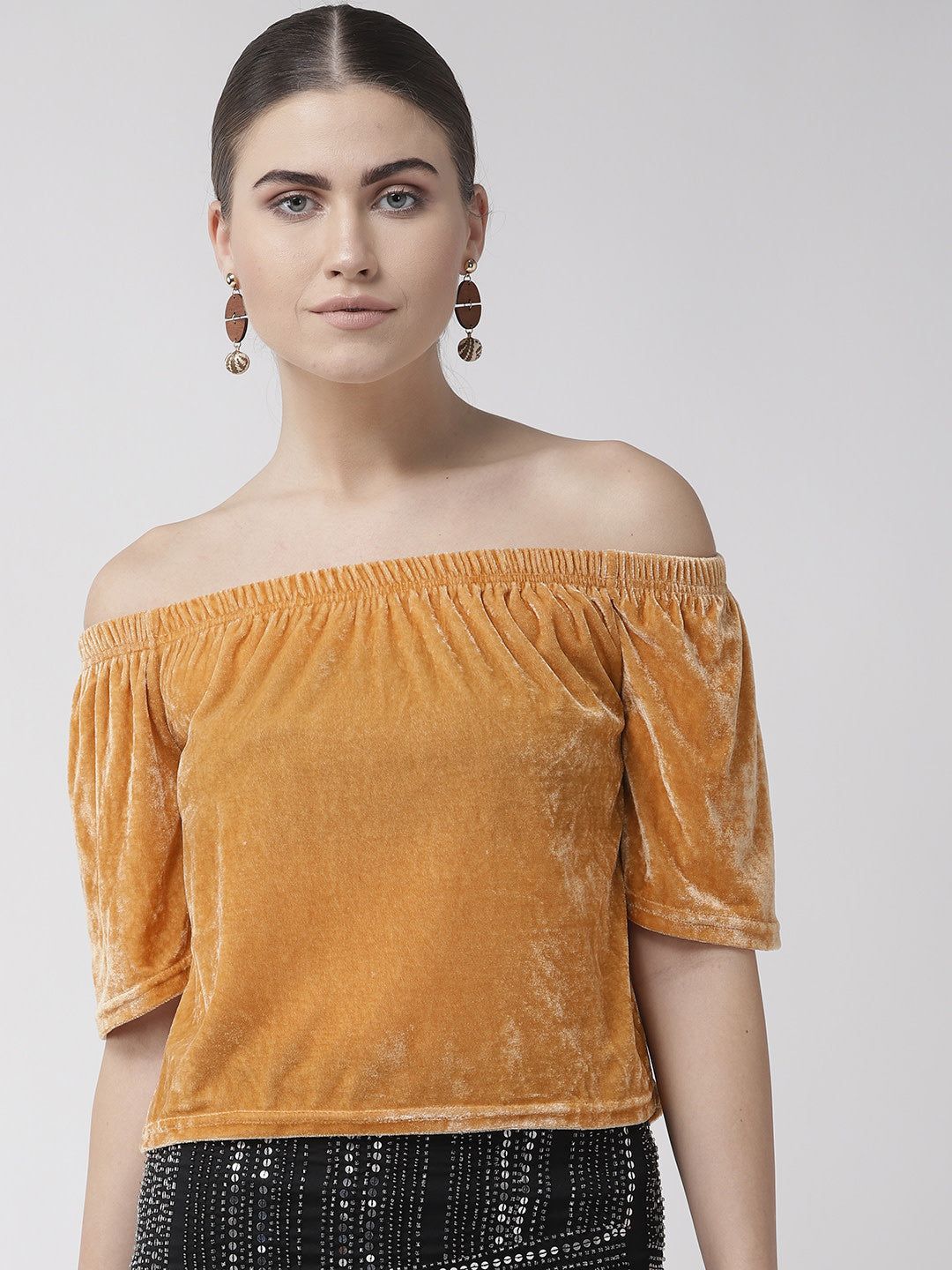 Women Brown Velvet Finish Solid Bardot Top