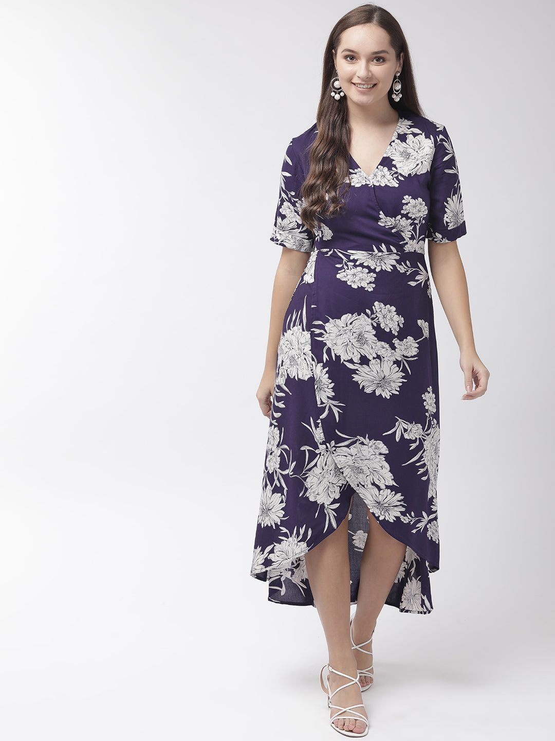 Women Navy Blue & White Floral Printed Tulip A-Line Dress