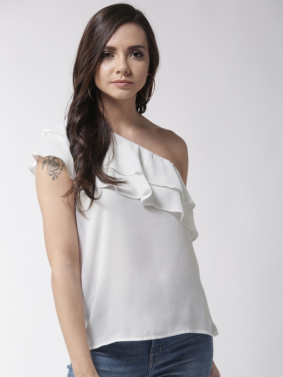 Women White Solid One Shoulder Top