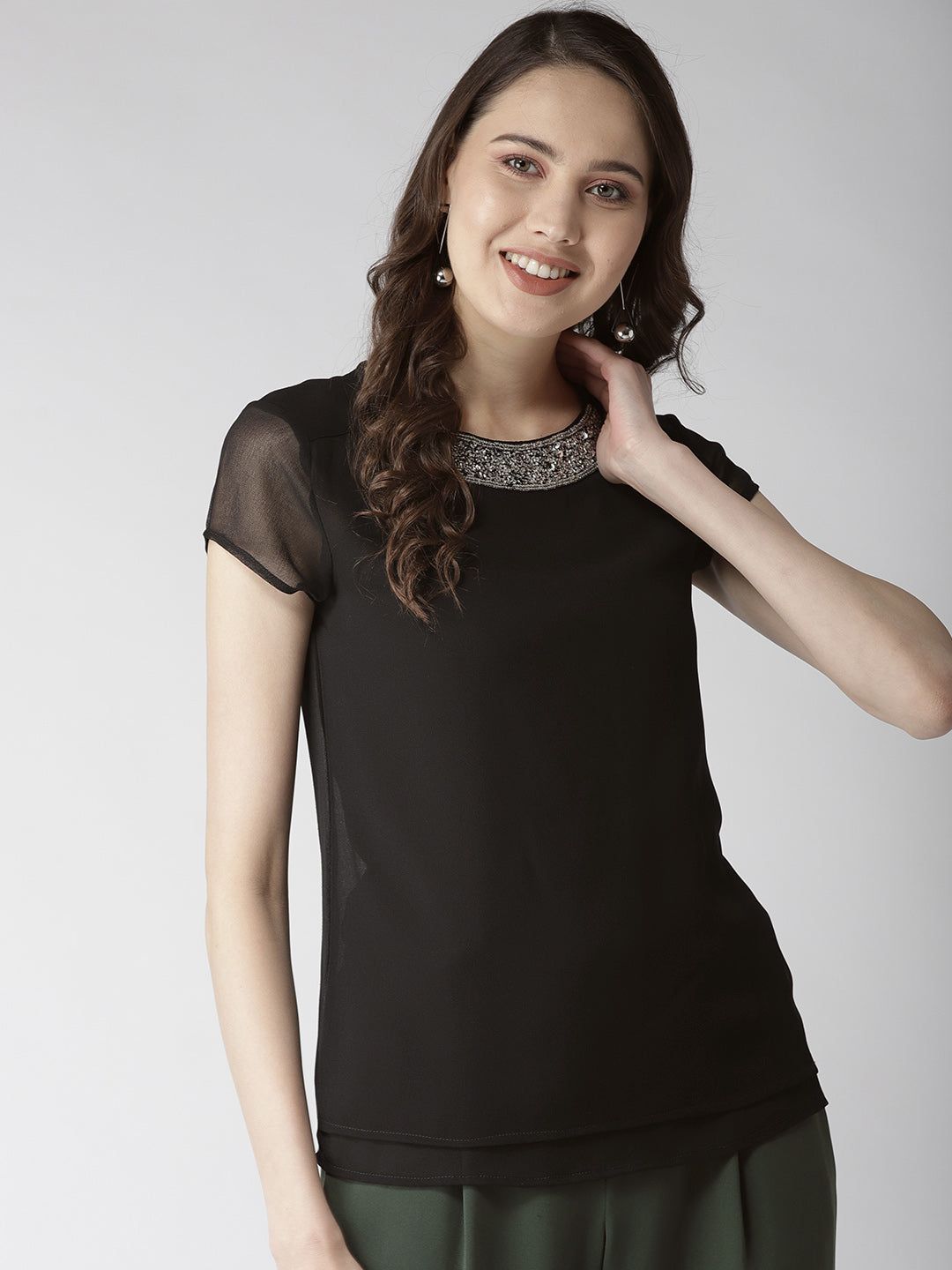 Women Black Solid Semi-Sheer Top