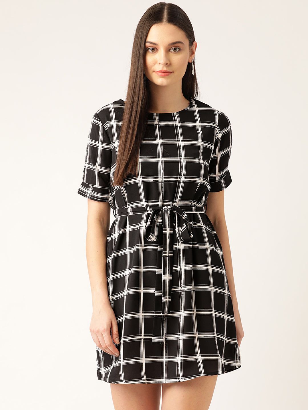 Women Black & White Checked A-Line Dress with Belt