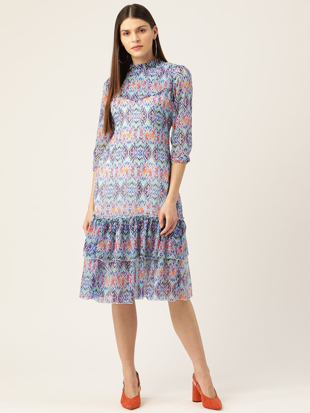 Multicolored Printed Layered A-line Dress