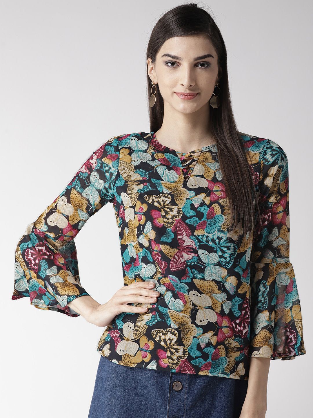Women Black & Blue Printed Top