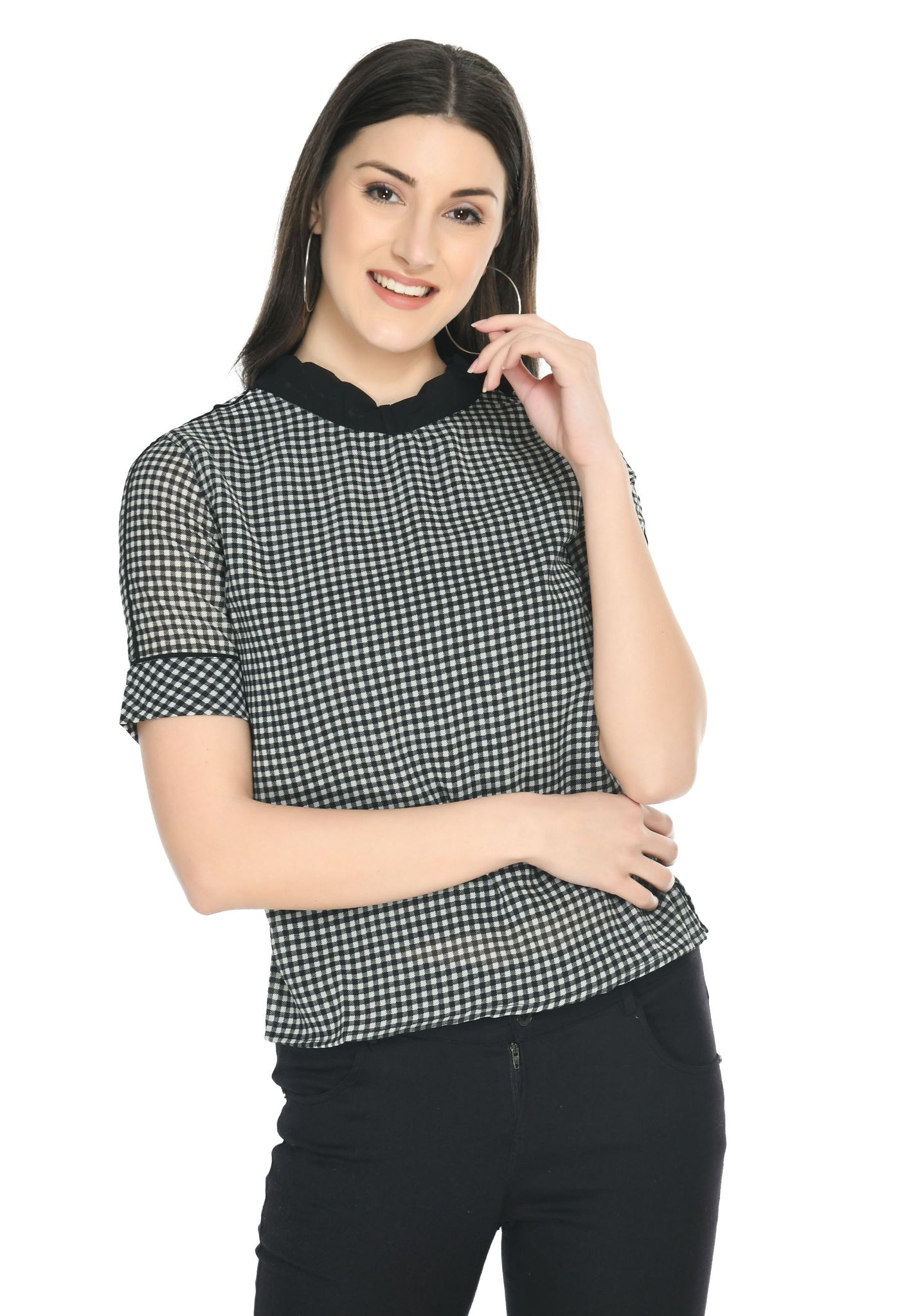 Women White & Black Checked Top