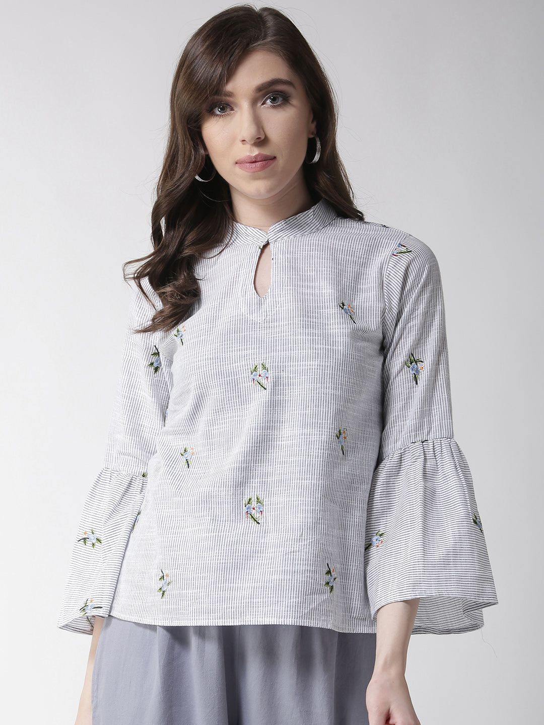 Women White & Grey Striped Top with Embroidered Detail